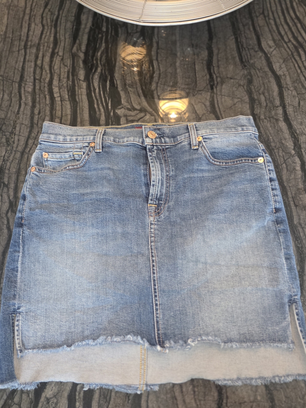 7 For All Mankind Blue Washed Denim Skirt with Frayed Hem